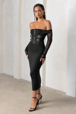 Precious Treasure | Black Bardot Corset Buckle Detail Midi Dress With Mesh Sleeves -ENY Clothing Shop CL127654 PreciousTreasureBlackBardotCorsetBuckleDetailMidiDressWithMeshSleeves8