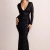 Amani | Black Sequin Plunge Neck Long Sleeves Fishtail Maxi Dress -ENY Clothing Shop CL127680 AmaniBlackSequinPlungeNeckLongSleevesFishtailMaxiDress0