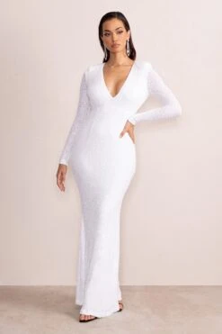 Amani | White Sequin Plunge Neck Long Sleeves Fishtail Maxi Dress -ENY Clothing Shop CL127680 AmaniWhiteSequinPlungeNeckLongSleevesFishtailMaxiDress1