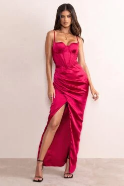 Alessandra | Berry Red Satin Cupped Corset Bodice Maxi Dress With Thigh Split -ENY Clothing Shop CL127751 AlessandraWineSatinCurvedBustCorsetBodiceMaxiDressWithThighSplit1