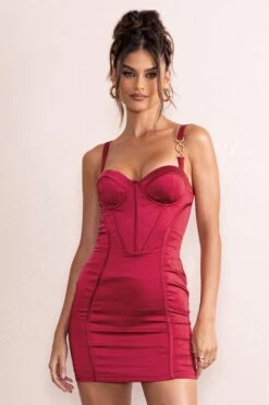 Scarlett | Berry Satin Corset Bodice Mini Dress -ENY Clothing Shop CL127800 ScarlettBerrySatinSquareNeckCorsetBodiceMiniDress0