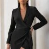 Ariel | Black Plunge Neck Tie Waist Tailored Blazer Mini Dress