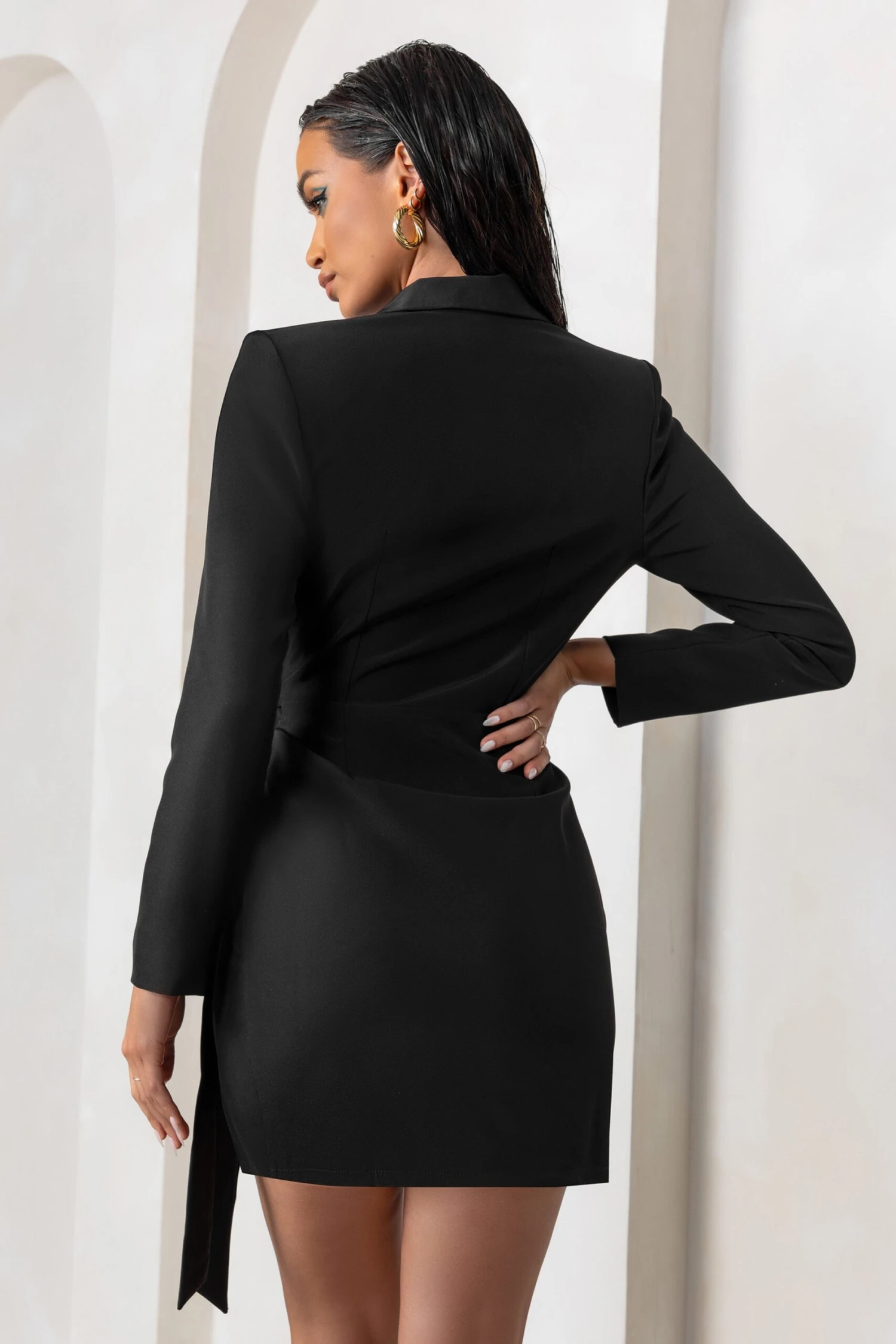 Ariel | Black Plunge Neck Tie Waist Tailored Blazer Mini Dress 4 Ariel | Black Plunge Neck Tie Waist Tailored Blazer Mini Dress - Image 2