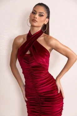 Hourglass | Berry Velvet Halterneck Ruched Midi Dress -ENY Clothing Shop CL127979 HourglassBerryVelvetHalterneckRuchedMidiDress3