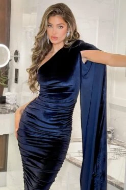 Gloria | Navy Velvet One Shoulder Cape Bodycon Midi Dress -ENY Clothing Shop CL128015 Blue