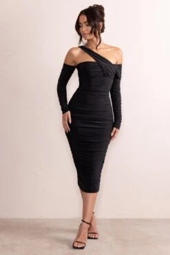 Elodie | Black Asymmetric Bardot Gathered Ruched Midi Dress With Long Sleeves