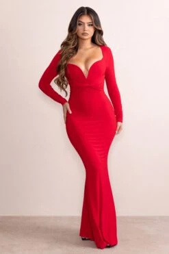 Leah | Red Plunge Sweetheart Neckline Fishtail Maxi Dress With Twist Front Detail -ENY Clothing Shop CL128044 LeahRedPlungeSweetheartNecklineFishtailMaxiDressWithTwistFrontDetail1