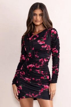 Everly | Black Floral Print High Neckline Ruched Detail Long Sleeve Mini Dress -ENY Clothing Shop CL128045 EverlyBlackFloralPrintAsymmetricNecklineRuchedDetailLongSleeveMiniDress1