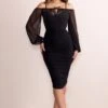Keisha | Black Ruched Midi Dress With Mesh Overlay