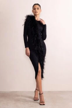 Claire | Black High Neck Split Front Long Sleeve Midi Dress With Feather Detail -ENY Clothing Shop CL128068 ClaireBlackCrewNeckSplitFrontLongSleeveMidiDressWithFeatherDetail1