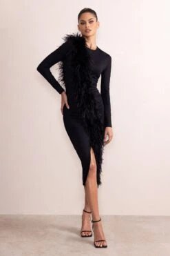 Claire | Black High Neck Split Front Long Sleeve Midi Dress With Feather Detail -ENY Clothing Shop CL128068 ClaireBlackCrewNeckSplitFrontLongSleeveMidiDressWithFeatherDetail2