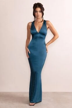 Emery | Teal Satin Plunge Neck Strappy Back Maxi Dress -ENY Clothing Shop CL128073 EmeryTealSatinPlungeNeckStrappyBackMaxiDress2