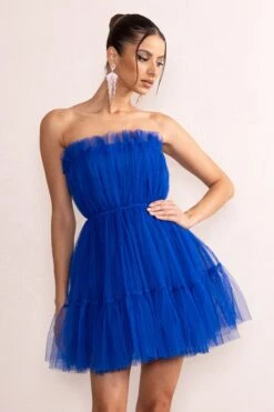 Aella | Cobalt Blue Bandeau Volume Pleated Tulle Mini Dress -ENY Clothing Shop CL128077 AellaCobaltBlueBandeauVolumePleatedTulleMiniDress6