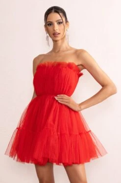Aella | Red Bandeau Volume Pleated Tulle Mini Dress 10 Aella | Red Bandeau Volume Pleated Tulle Mini Dress -ENY Clothing Shop CL128077 AellaRedBandeauVolumePleatedTulleMiniDress0