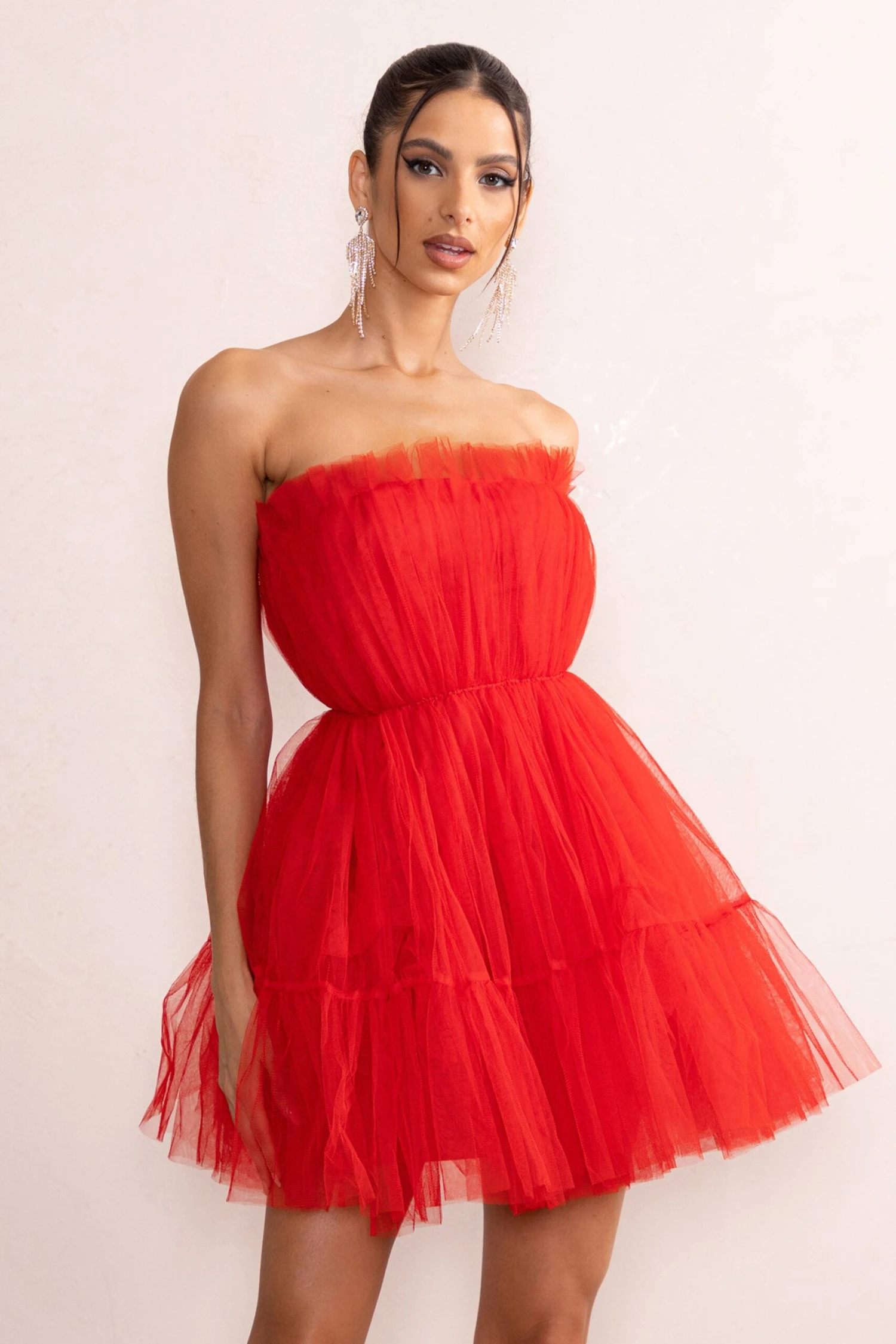Aella | Red Bandeau Volume Pleated Tulle Mini Dress 7 Aella | Red Bandeau Volume Pleated Tulle Mini Dress - Image 5