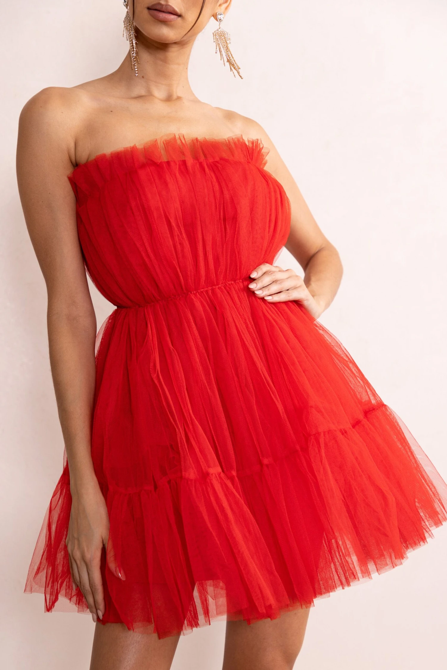 Aella | Red Bandeau Volume Pleated Tulle Mini Dress 5 Aella | Red Bandeau Volume Pleated Tulle Mini Dress - Image 3