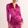 Francine | Orchid Satin Ruched Long Sleeve Shirt Mini Dress -ENY Clothing Shop CL128078 FrancineOrchidSatinRuchedLongSleeveShirtMiniDress0