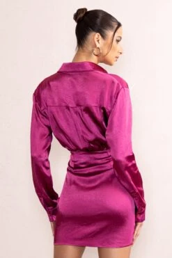 Francine | Orchid Satin Ruched Long Sleeve Shirt Mini Dress -ENY Clothing Shop CL128078 FrancineOrchidSatinRuchedLongSleeveShirtMiniDress6