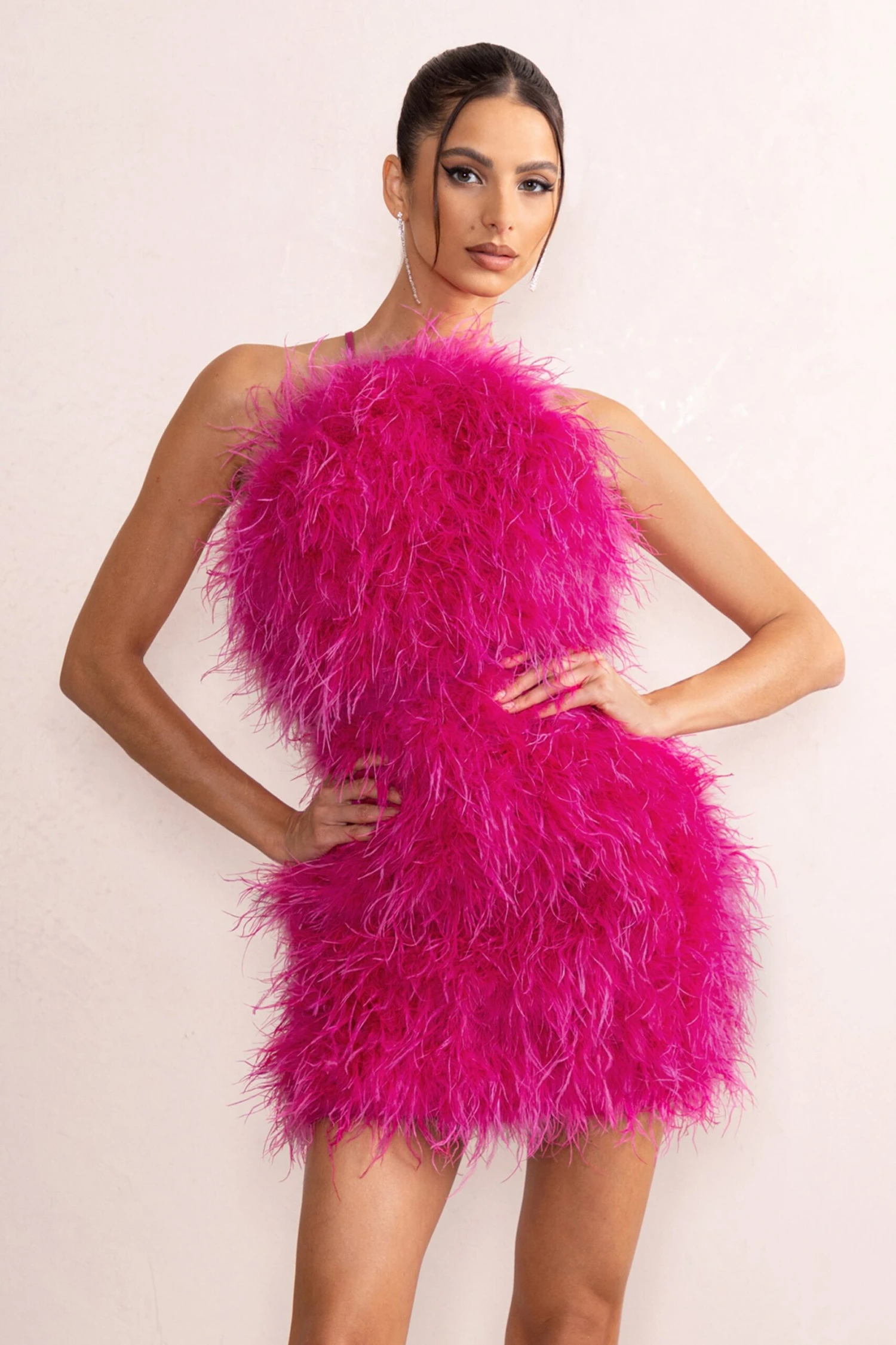 Gina | Pink High Neck Feather Mini Dress With Cross Back 3 Gina | Pink High Neck Feather Mini Dress With Cross Back