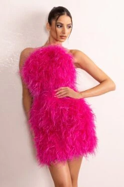 Gina | Pink High Neck Feather Mini Dress With Cross Back 11 Gina | Pink High Neck Feather Mini Dress With Cross Back -ENY Clothing Shop CL128080 GinaOrchidHighNeckFeatherMiniDressWithCrossBack3