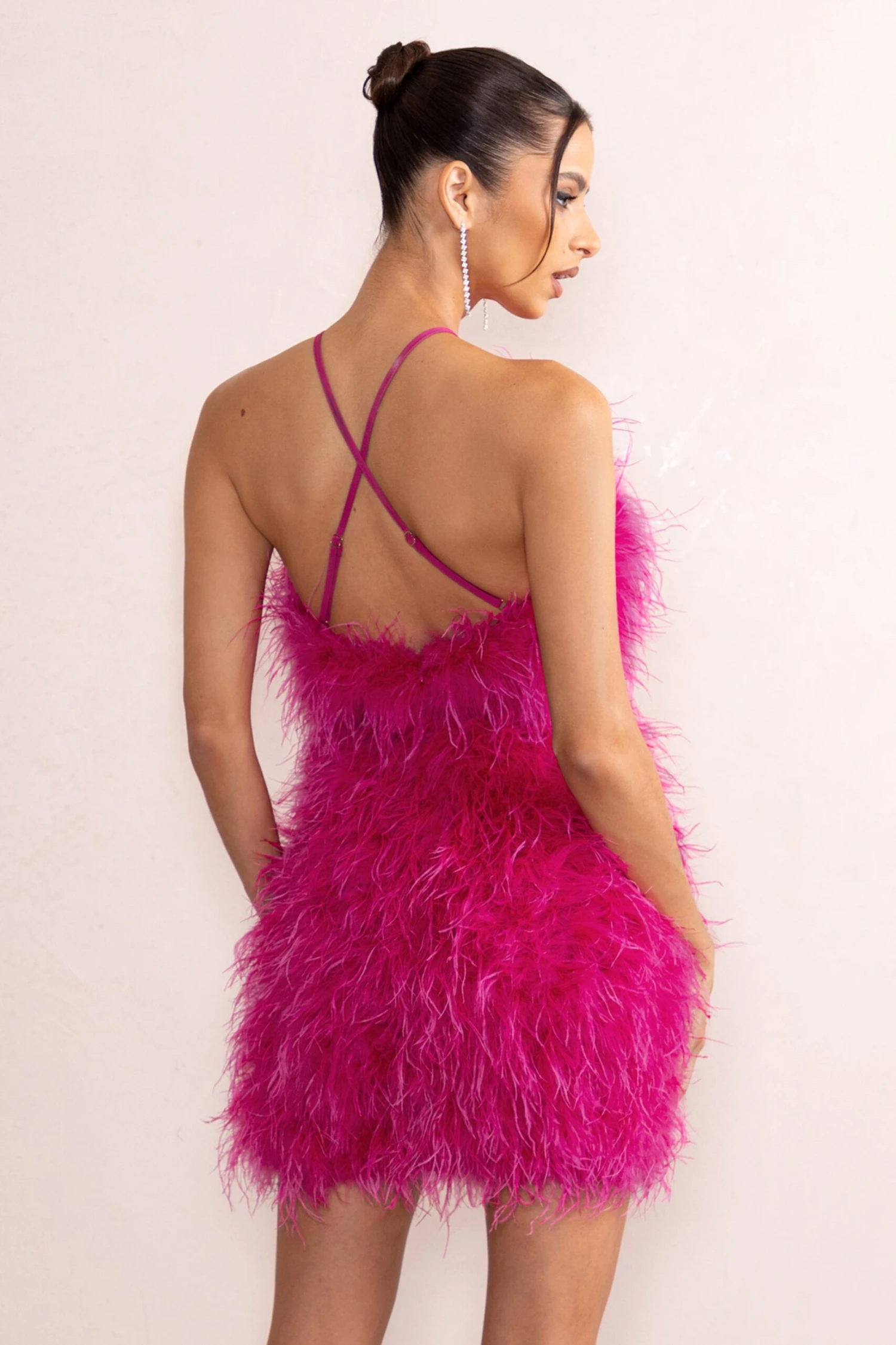 Gina | Pink High Neck Feather Mini Dress With Cross Back 4 Gina | Pink High Neck Feather Mini Dress With Cross Back - Image 2