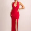 Ines | Red Plunge Neck Sculptured Back Maxi Dress