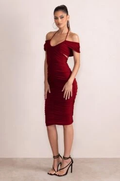 Dulcie | Burgundy Halter Neck Cut Out Ruched Midi Dress -ENY Clothing Shop CL128175 DulcieBurgundyHalterNeckCutOutRuchedMidiDress3