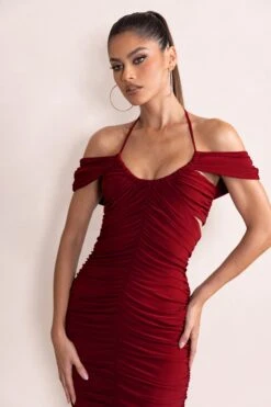 Dulcie | Burgundy Halter Neck Cut Out Ruched Midi Dress -ENY Clothing Shop CL128175 DulcieBurgundyHalterNeckCutOutRuchedMidiDress4