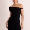 Coco | Black Asymmetric Bardot Mini Dress With Ruching Detail -ENY Clothing Shop CL128180 CocoBlackAsymmetricBardotMiniDressWithRuchingDetail2