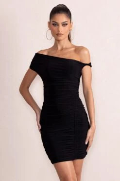 Coco | Black Asymmetric Bardot Mini Dress With Ruching Detail -ENY Clothing Shop CL128180 CocoBlackAsymmetricBardotMiniDressWithRuchingDetail3