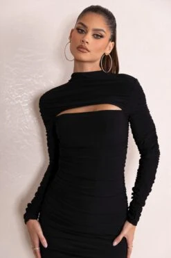 Peyton | Black Ruched Cut Out Bodycon Midi Dress With Long Sleeves -ENY Clothing Shop CL128186 PeytonBlackRuchedCutOutBodyconMidiDressWithLongSleeves3