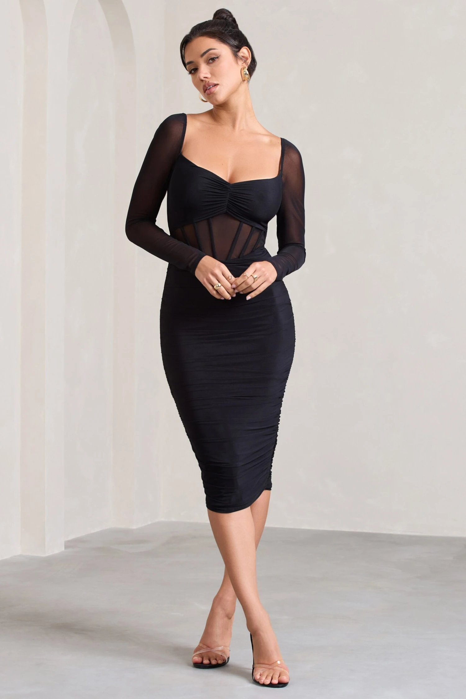 Abiba | Black Ruched Front Corset Midi Dress With Long Sleeves 7 Abiba | Black Ruched Front Corset Midi Dress With Long Sleeves - Image 5