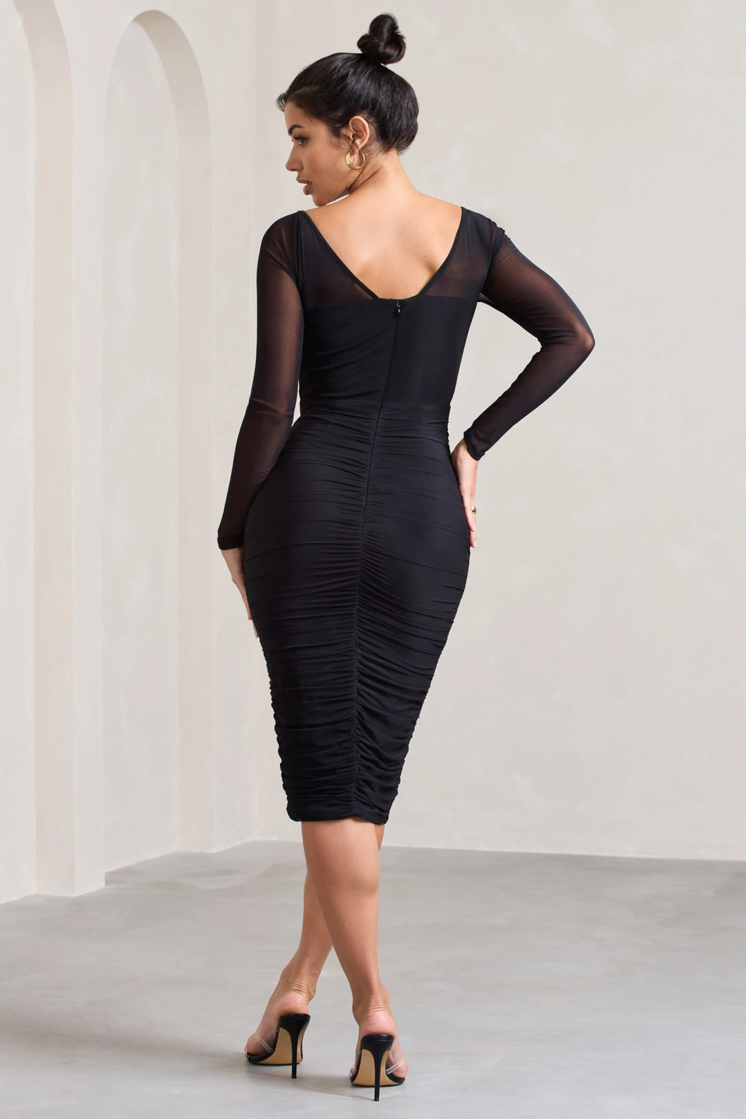 Abiba | Black Ruched Front Corset Midi Dress With Long Sleeves 4 Abiba | Black Ruched Front Corset Midi Dress With Long Sleeves - Image 2
