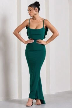 Flute | Bottle Green Bodycon Maxi Dress With Ruched Ruffled Back -ENY Clothing Shop HR CL128443047 FluteBottleGreenBodyconMaxiDressWithRuchedRuffledBack8