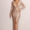Roma | Gold Sequin Long Sleeve Plunge Maxi Dress With Knot Waist Detail -ENY Clothing Shop WB5721 1