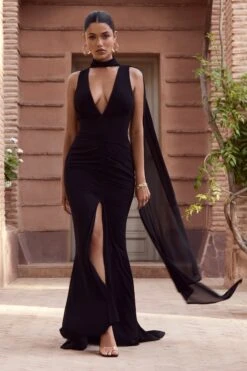 Whimsical | Black Chiffon Plunge Fishtail Maxi Dress With Scarf Design -ENY Clothing Shop WB 1S8A7045 1