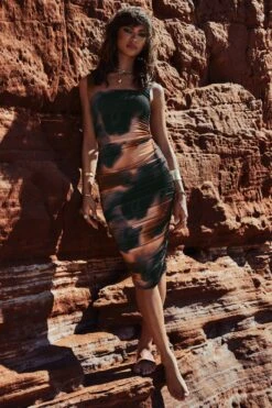 Lisbon | Orange Smoke Print Square Neck Ruched Midi Dress -ENY Clothing Shop WB 1S8A8255 CL127326158