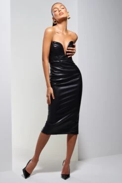 Hailey | Black Faux Leather Strapless Sweetheart Corset Midi Dress -ENY Clothing Shop WB 231204ClubLLondon340