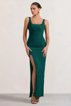 Kate | Bottle Green Square Neck Maxi Dress With Plunge Back And Side Thigh Split -ENY Clothing Shop WB AMEND CC BR CL127639 KateBottleGreenSquareNeckMaxiDresswithPlungeBackandSideThighSplit0