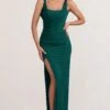 Kate | Bottle Green Square Neck Maxi Dress With Plunge Back And Side Thigh Split