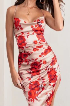 Risk It All | Champagne Floral Print Cami Cowl Neck Satin Asymmetric Hem Midi Dress -ENY Clothing Shop WB BR CC CL126039 RiskItAllChampagneFloralPrintCamiCowlNeckAsymmetricHemDress Detail