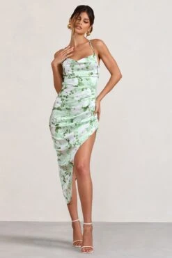Risk It All | White & Green Floral Print Satin Cowl Asymmetric Midi Dress -ENY Clothing Shop WB BR CC CL126039153 RiskItAllWhite GreenFloralPrintSatinCowlAsymmetricDress0