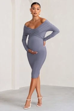 Little Star | Dove Grey Maternity Twist Front Midi Dress -ENY Clothing Shop WB BR CC CL126480 DoveGreyTwistFrontMidiDress2