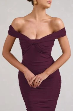Gratitude | Plum Off The Shoulder Ruched Midi Dress -ENY Clothing Shop WB BR CC CL127088158 GratitudePlumOffShoulderRuchedMidiDress4