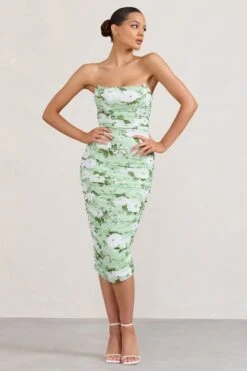 Negroni | White & Green Floral Print Bandeau Corset Ruched Mesh Midi Dress -ENY Clothing Shop WB BR CC CL127289153 NegroniWhite GreenFloralPrintBandeauCorsetRuchedMeshMidiDress0