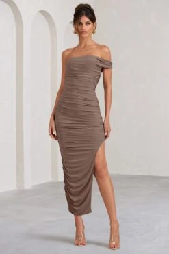 Celine | Mocha Asymmetric One Shoulder Ruched Maxi Dress With Curved Cut Out -ENY Clothing Shop WB BR CC CL127507038 CelineMochaAsymmetricOneShoulderRuchedMaxiDressWithCurvedCutOut1