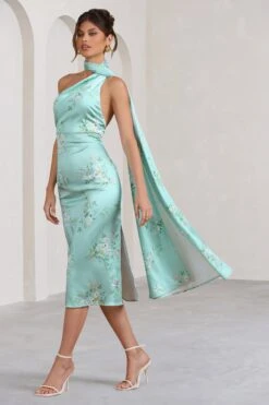 Madame | Mint Green Floral Print Satin Asymmetric Scarf Neck Backless Midi Dress -ENY Clothing Shop WB BR CC CL128417154 MadameMintGreenFloralPrintSatinAsymmetricScarfNeckBacklessMidiDress4