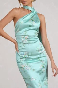 Madame | Mint Green Floral Print Satin Asymmetric Scarf Neck Backless Midi Dress -ENY Clothing Shop WB BR CC CL128417154 MadameMintGreenFloralPrintSatinAsymmetricScarfNeckBacklessMidiDress5