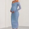 Neva | Powder Blue Bardot Twist Maternity Midi Dress -ENY Clothing Shop WB BR CC CL129223 NevaPowderBlueBardotTwistMaternityMidiDress0