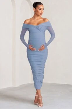 Neva | Powder Blue Bardot Twist Maternity Midi Dress -ENY Clothing Shop WB BR CC CL129223 NevaPowderBlueBardotTwistMaternityMidiDress1